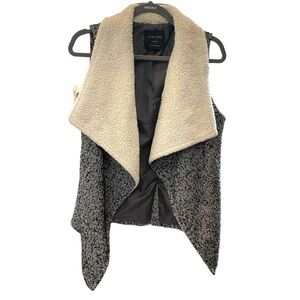 Love Tree Faux Fur Sherpa Vest Grey Black Tweed Herringbone Jacket Women's M